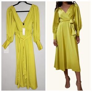 NWT Banana Republic Celestial Blouson-Sleeve Dress Citron Green Satin 6P